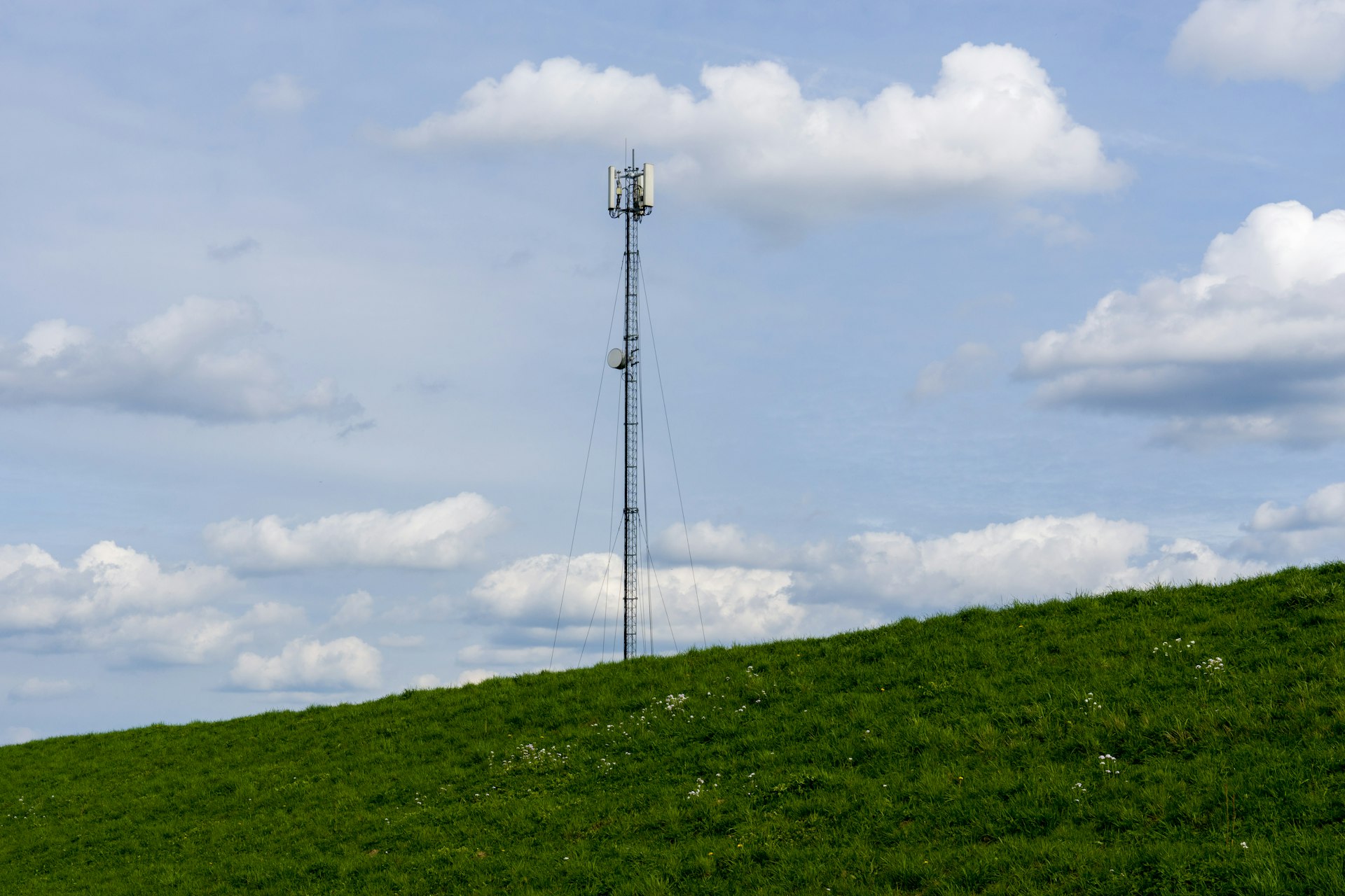 A cell phone tower on a grassy hill